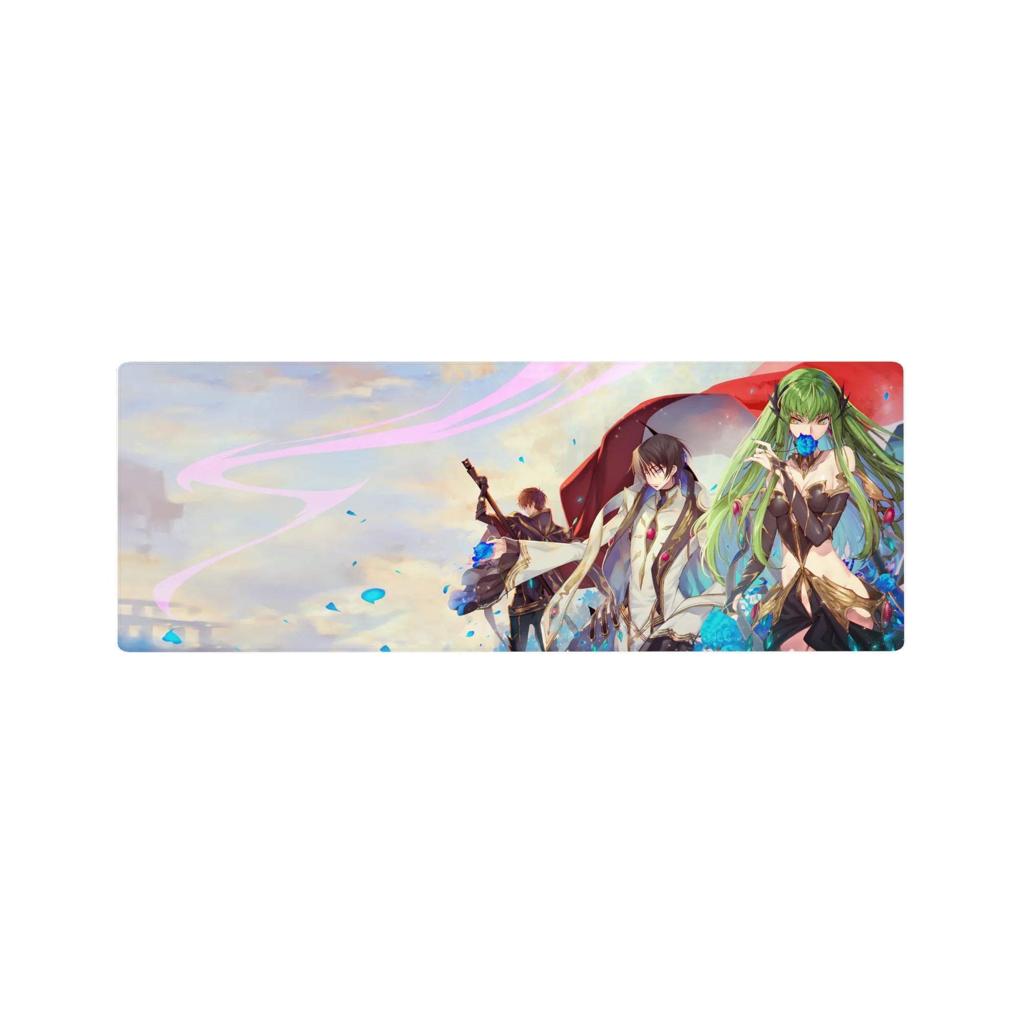32x12 inches anime mouse pad with trio under red cloak, blue petals, black-gold armor, crisp jewel accents.