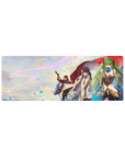 32x12 inches anime mouse pad with trio under red cloak, blue petals, black-gold armor, crisp jewel accents.