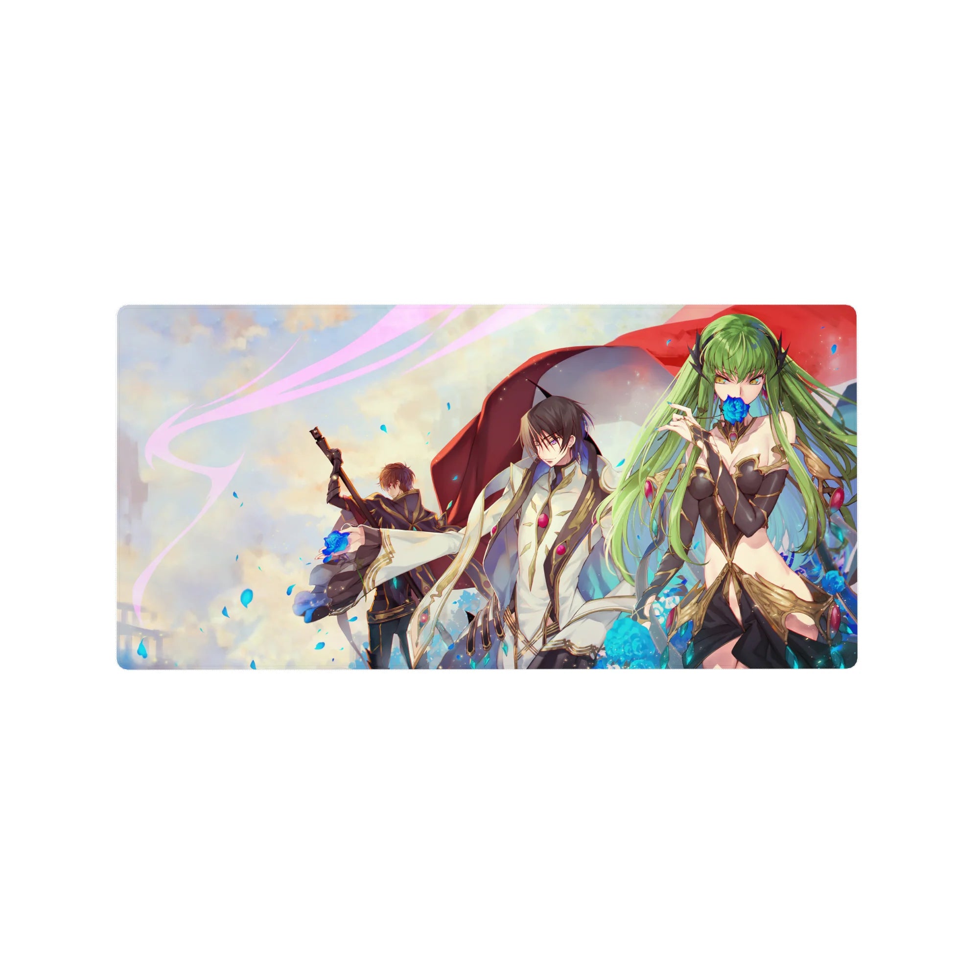 32x16 inches anime mouse pad with trio under red cloak, blue petals, armor girl with blue rose.