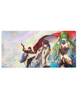 32x16 inches anime mouse pad with trio under red cloak, blue petals, armor girl with blue rose.