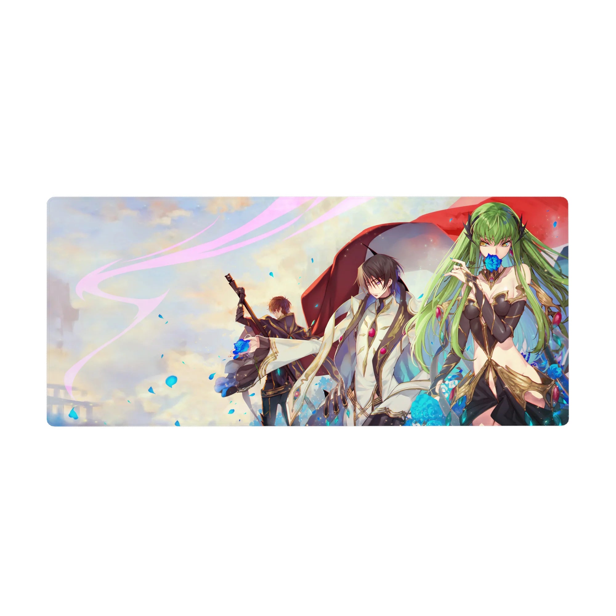 36x16 inches anime desk pad with trio under red cloak, blue petals, crisp lines and jewel accents.
