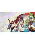 Anime desk pad 40x20 inches with trio under red cloak, blue petals, and crisp jewel-accent line art.