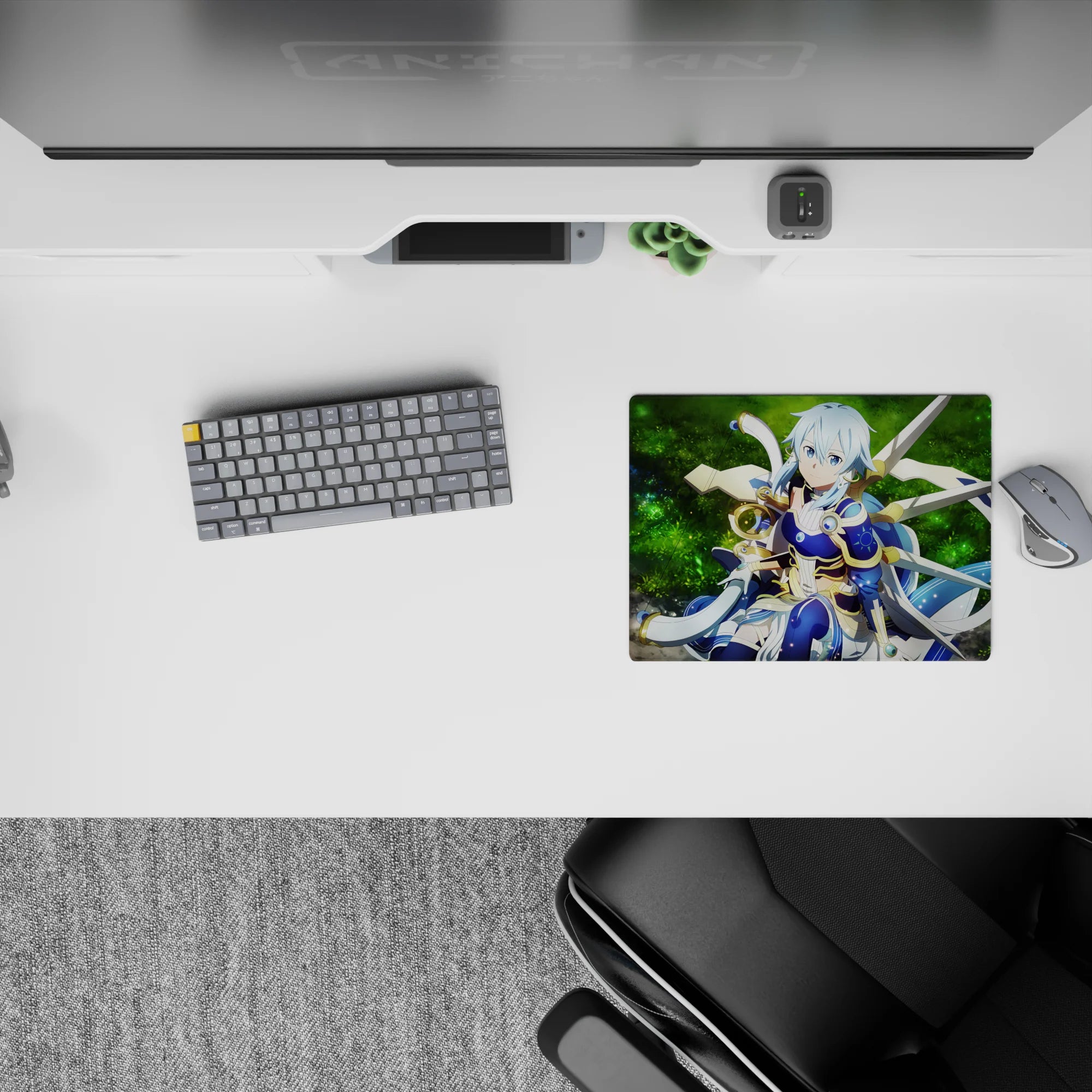 Anime mouse pad 14x10 inches featuring a calm archer in mystical armor by a forest spring, with twilight blue and golden trims.