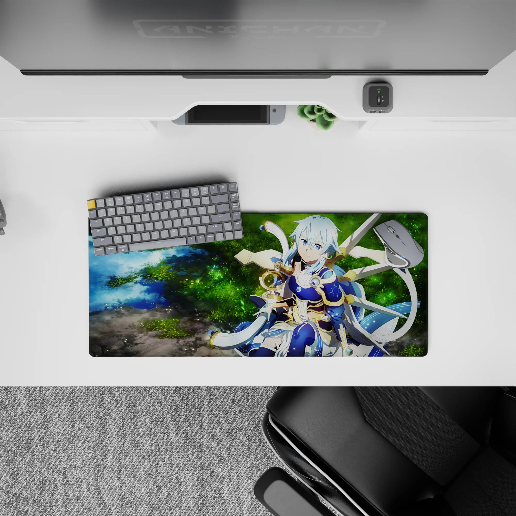 Anime mouse pad 28x12 inches features an archer in mystical armor by a forest spring, blending twilight blue and gold.