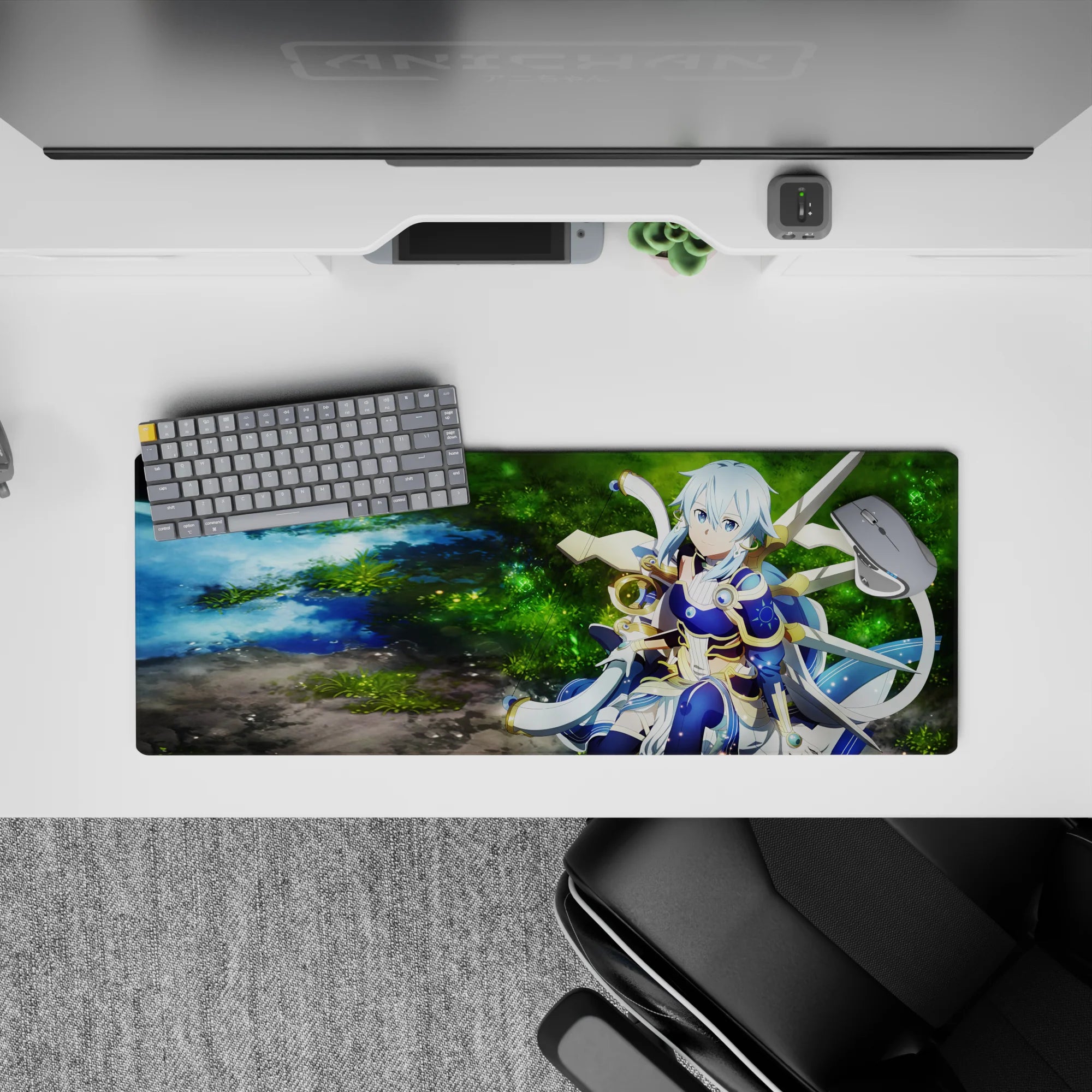 Anime mouse pad 32x12 inches featuring a mystical archer in twilight blue armor by a shimmering forest spring, serene vibes.