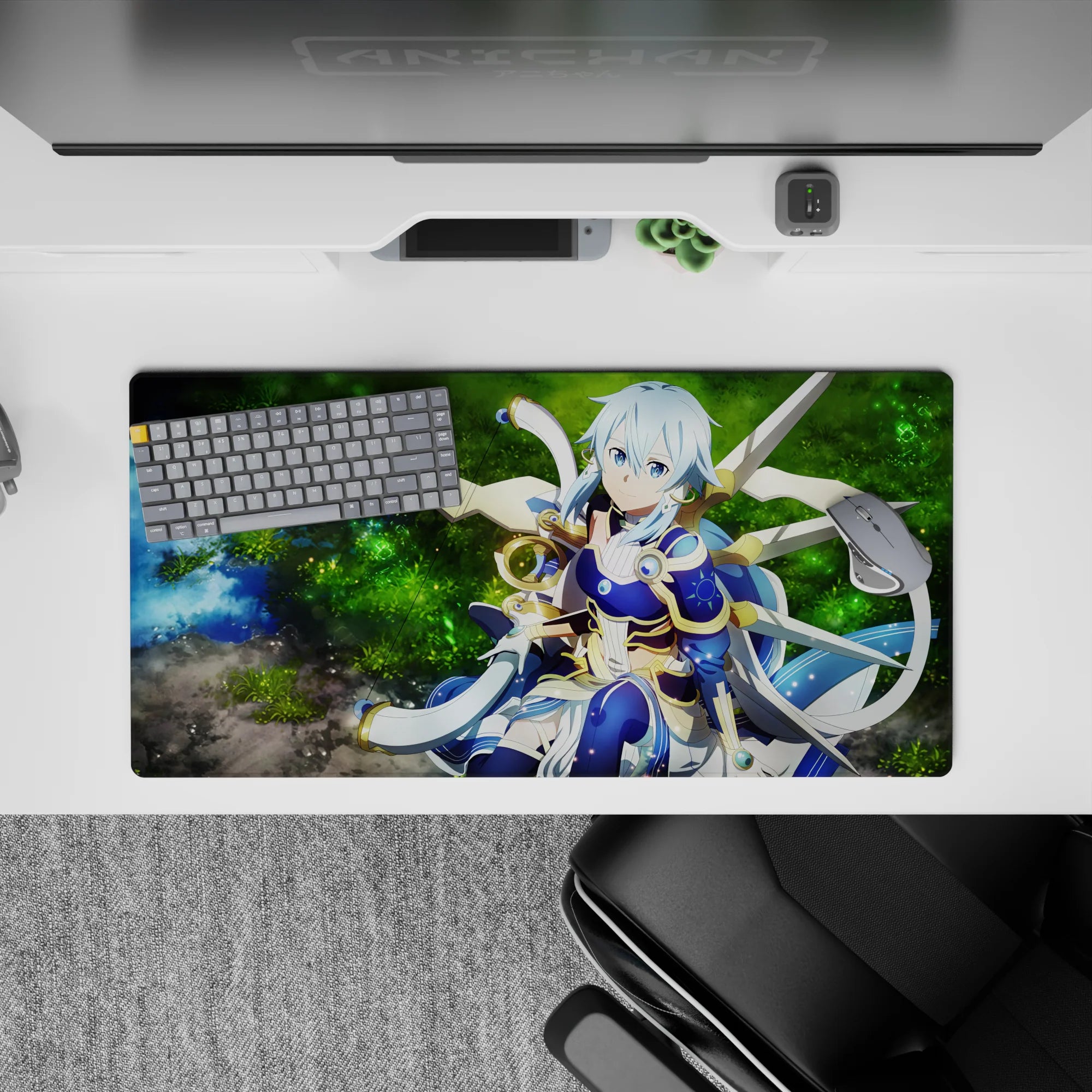 Anime mouse pad 32x16 inches featuring a calm archer in mystical armor by a glowing forest spring, perfect for fantasy fans.