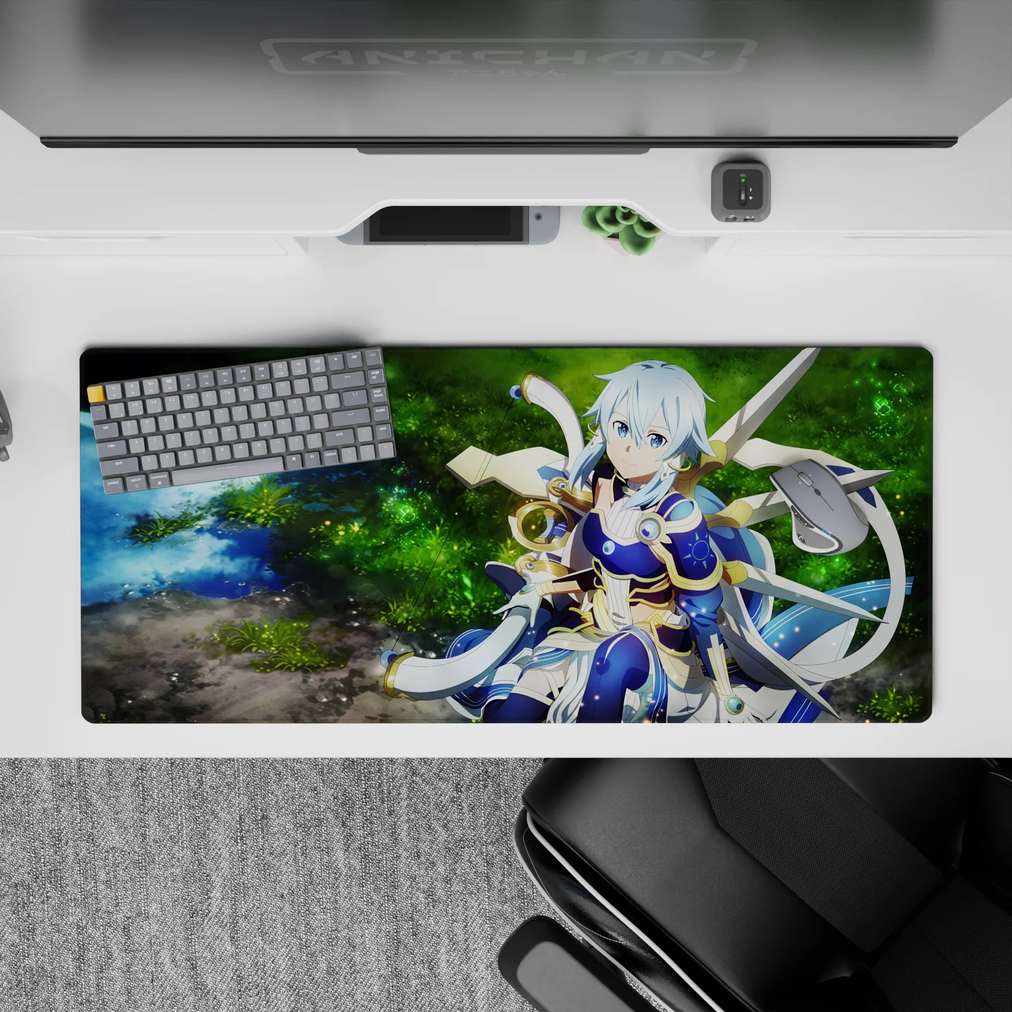 Anime mouse pad 36x16 inches featuring calm archer in mystical armor by forest spring, with twilight blue and golden trims.