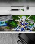 Anime mouse pad 36x16 inches featuring calm archer in mystical armor by forest spring, with twilight blue and golden trims.