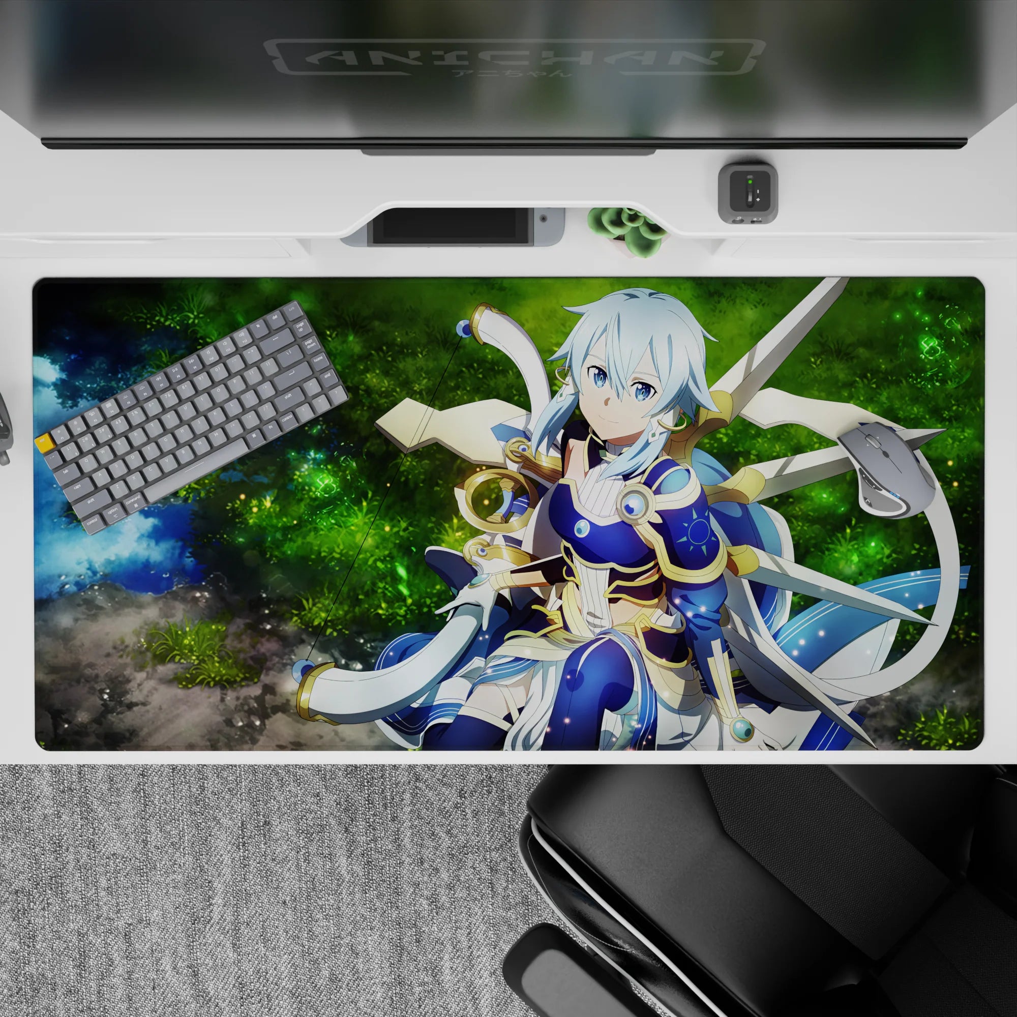 Anime desk pad 40x20 inches featuring an archer in twilight blue armor near a glowing forest spring, enhancing workspace.