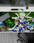 Anime desk pad 40x20 inches featuring an archer in twilight blue armor near a glowing forest spring, enhancing workspace.