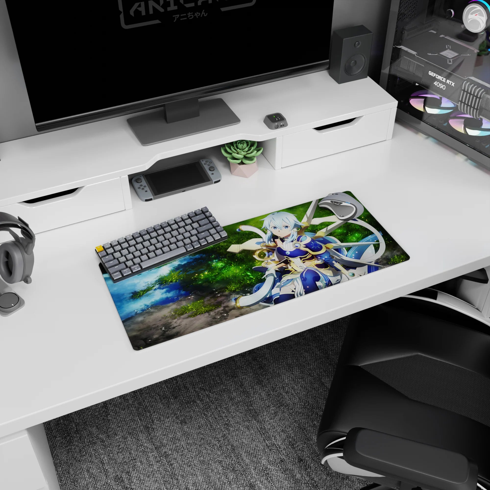 Anime mouse pad 28x12 inches with an archer in mystical armor by a forest spring, twilight blue and golden trims.