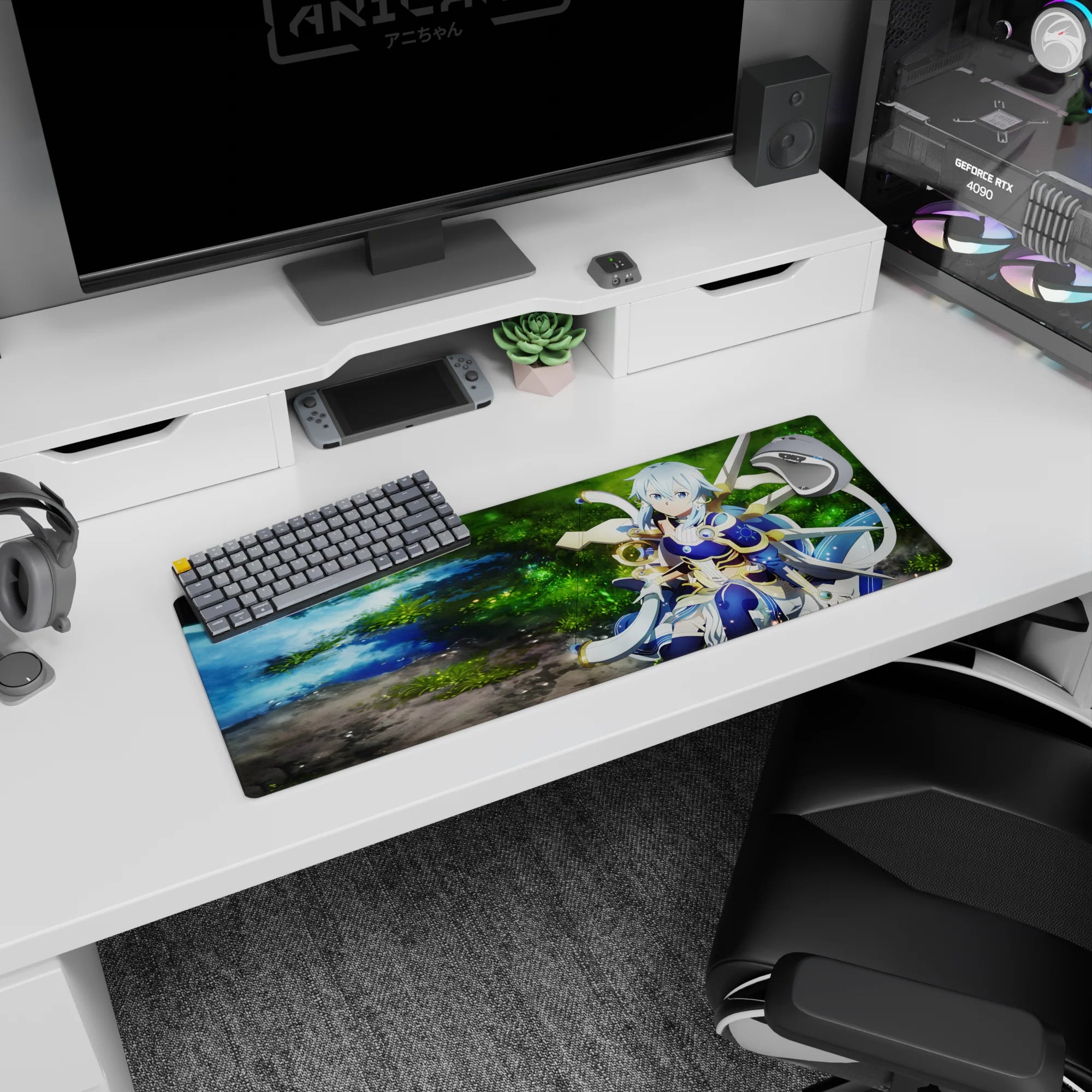 Anime mouse pad 32x12 inches featuring a mystical archer in twilight blue armor by a shimmering forest spring.