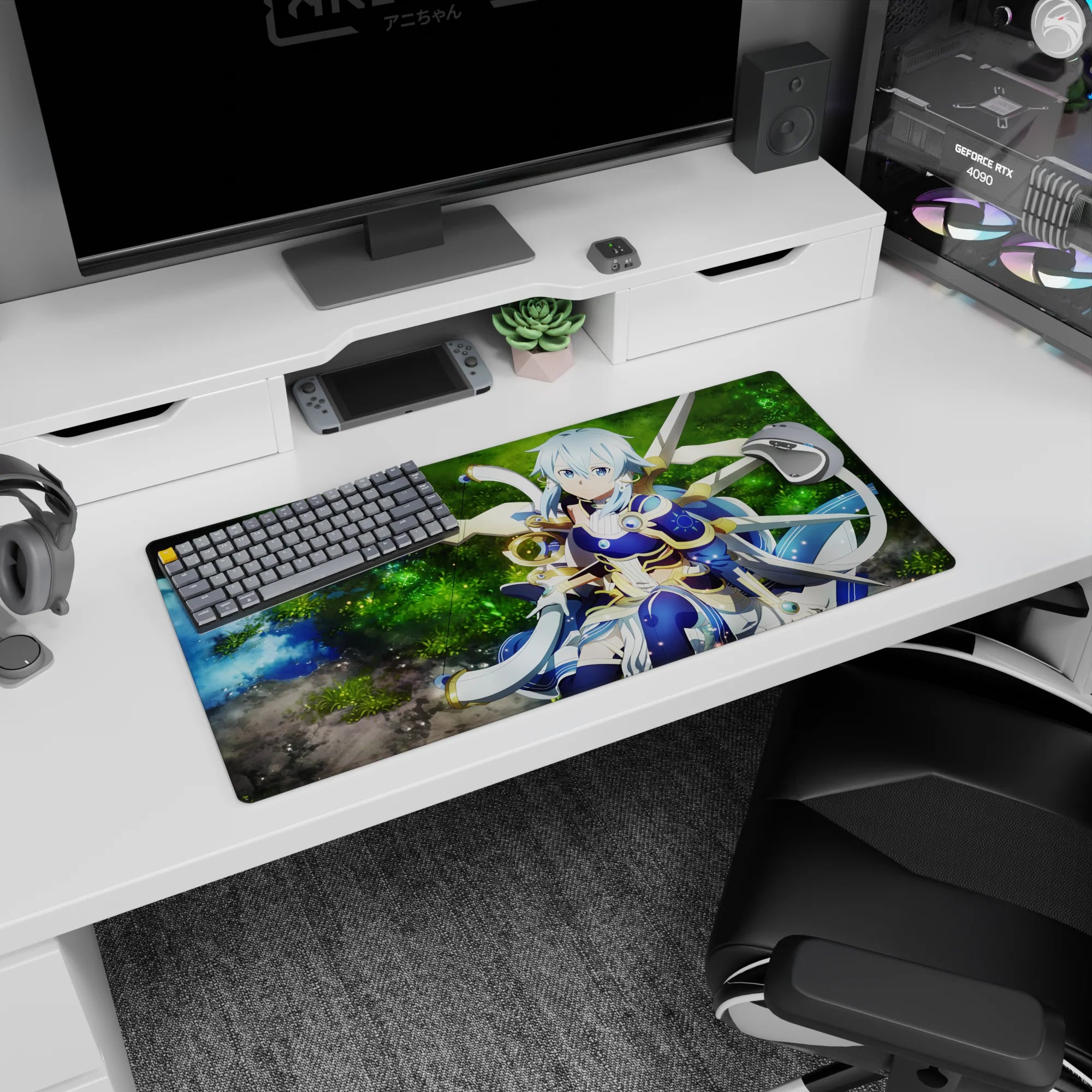 Anime mouse pad 32x16 inches with a calm archer in mystical armor by a shimmering forest spring, twilight blue and gold.