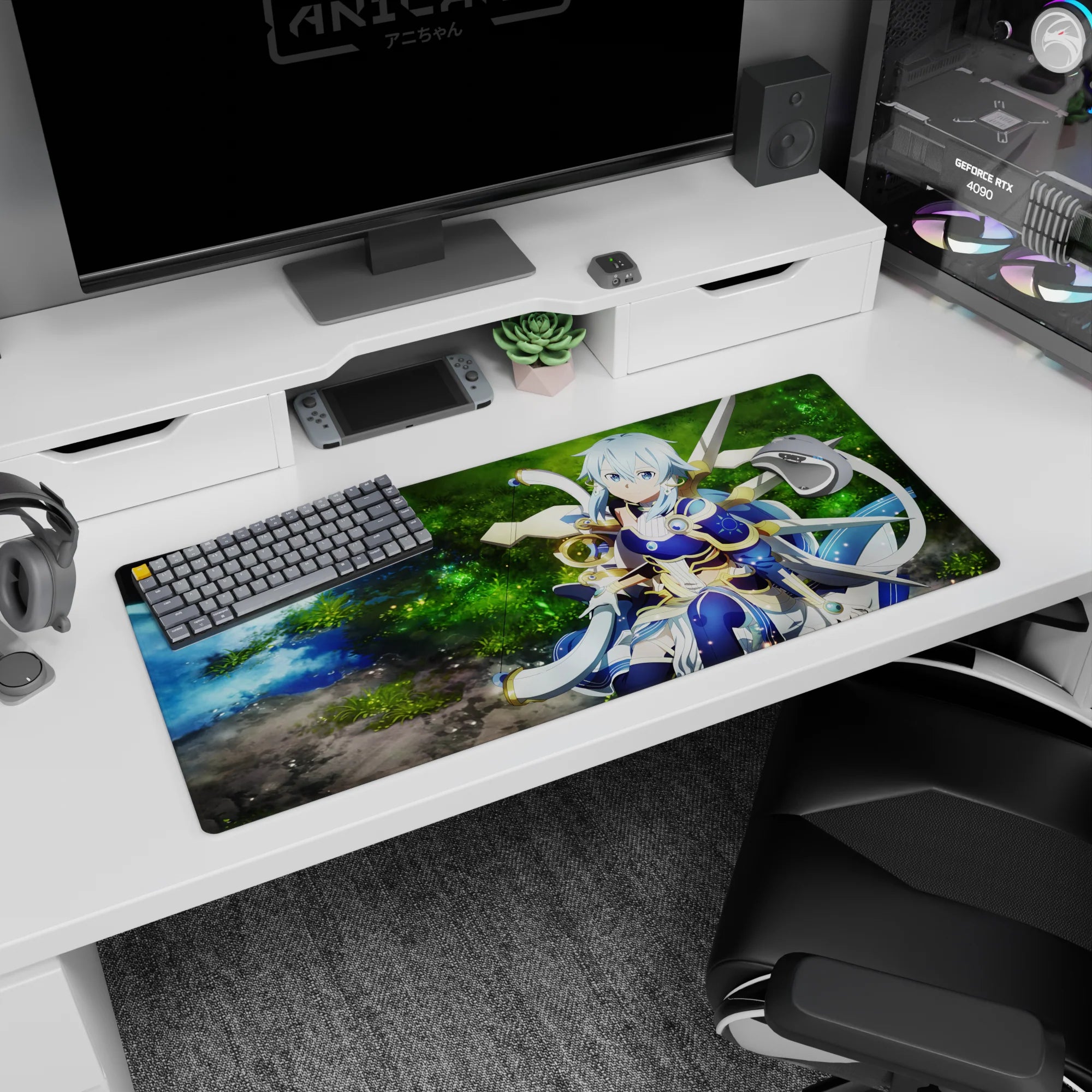 Anime mouse pad 36x16 inches featuring a calm archer in mystical armor by a forest spring, with twilight blue and golden trims.