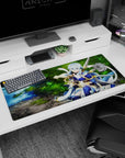 Anime mouse pad 36x16 inches featuring a calm archer in mystical armor by a forest spring, with twilight blue and golden trims.