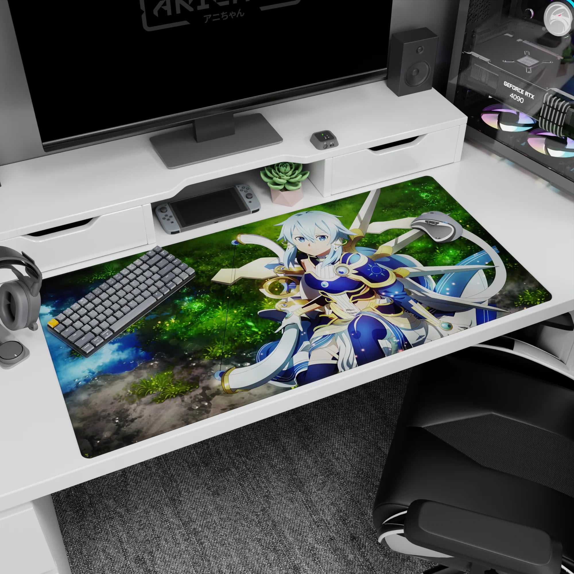 Anime mouse pad 40x20 inches with archer in mystical armor by forest spring, twilight blue and golden trims for fantasy feel.