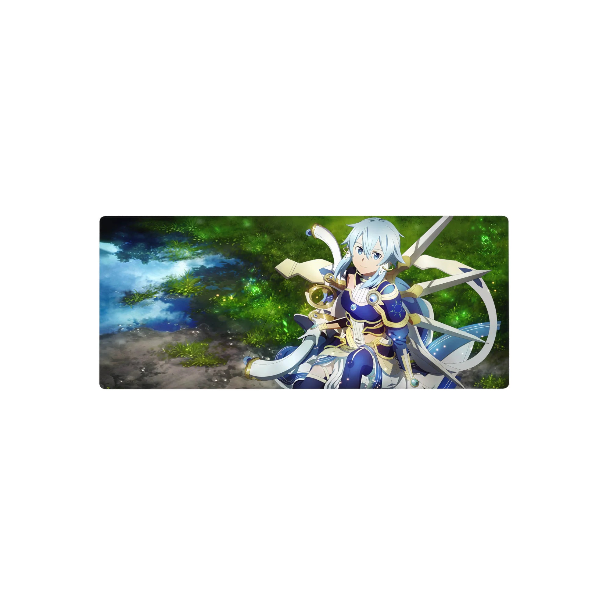 Anime mouse pad 28x12 inches featuring a calm archer in mystical armor by a shimmering forest spring in twilight blue.