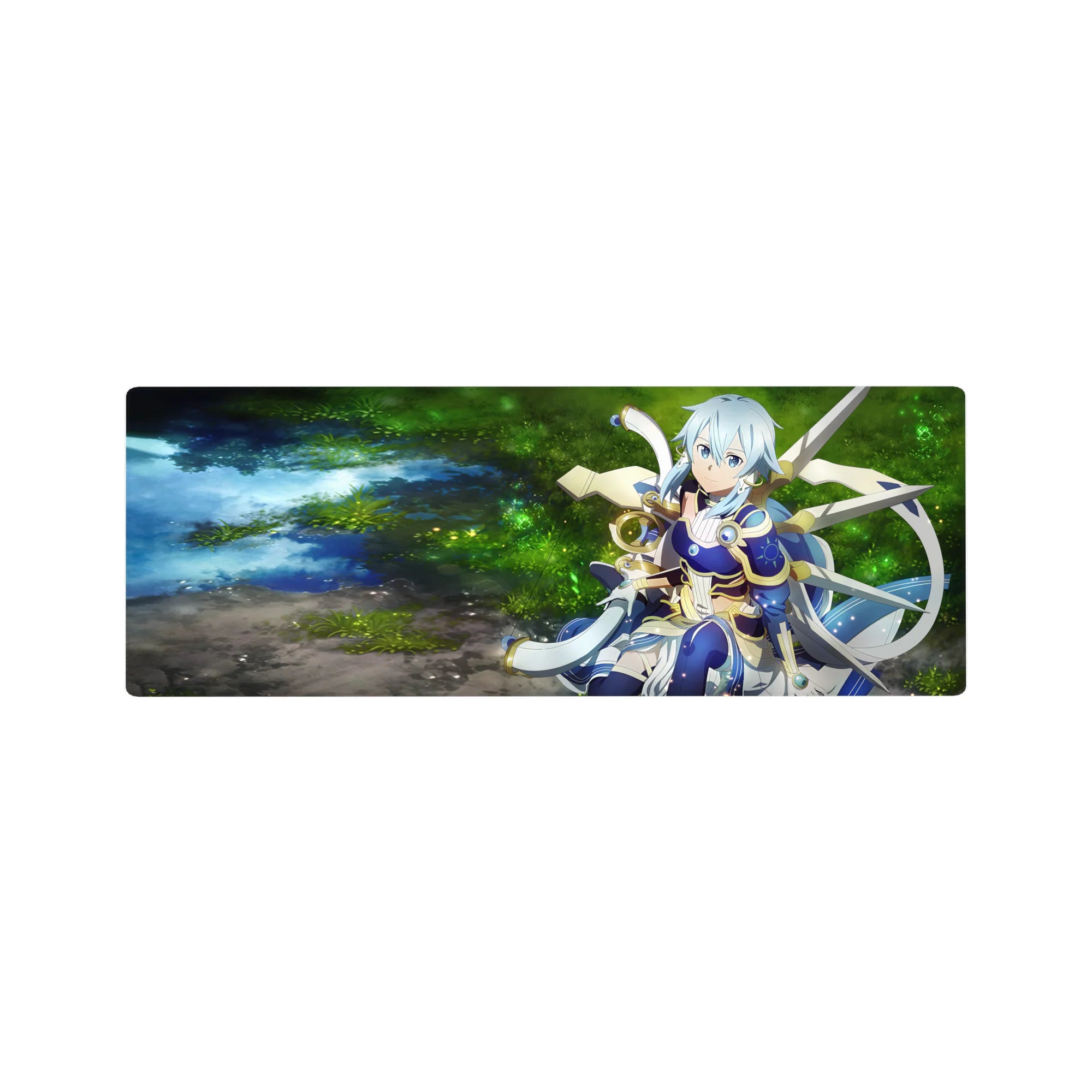 Anime mouse pad 32x12 inches featuring an archer in mystical armor by a shimmering forest spring, twilight blue and gold.