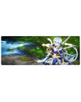 Anime mouse pad 32x12 inches featuring an archer in mystical armor by a shimmering forest spring, twilight blue and gold.