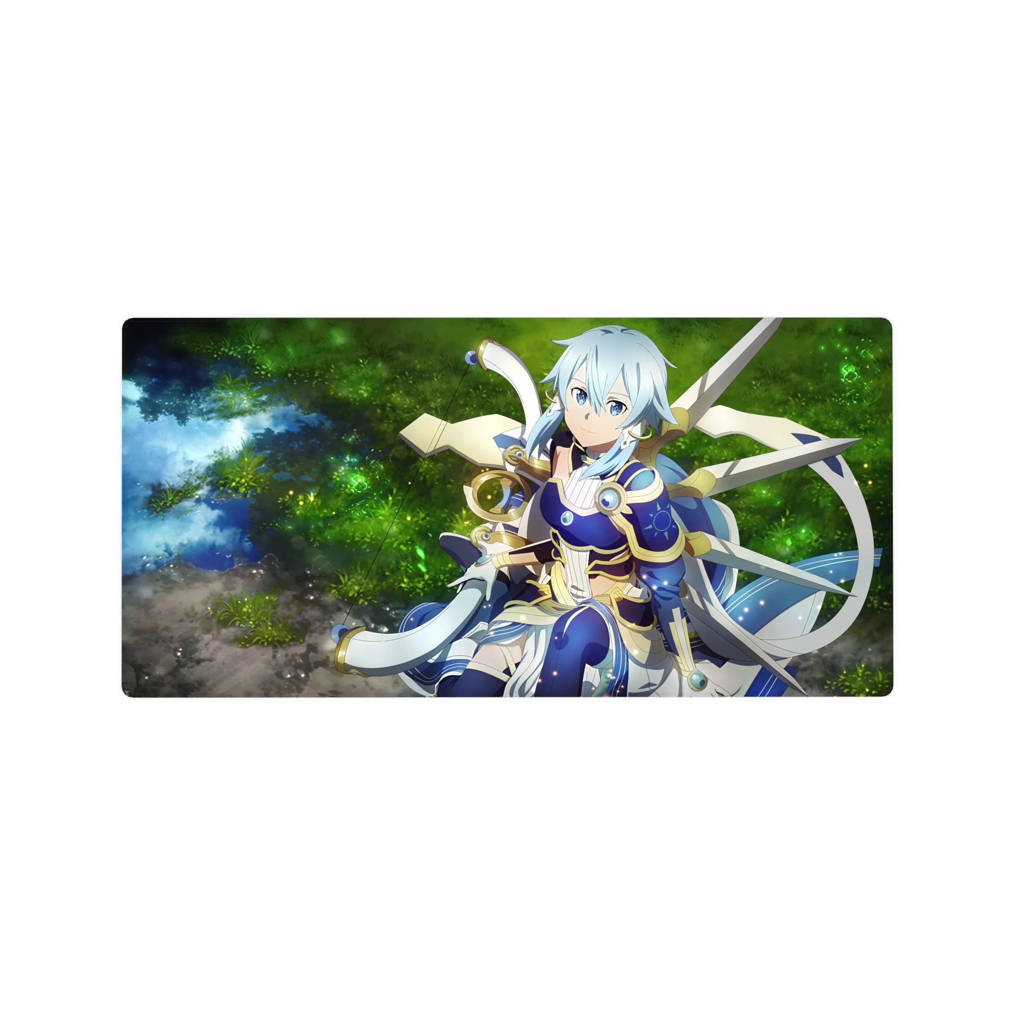 Anime mouse pad 32x16 inches featuring a mystical armored archer by a glowing forest spring, perfect for fantasy lovers.