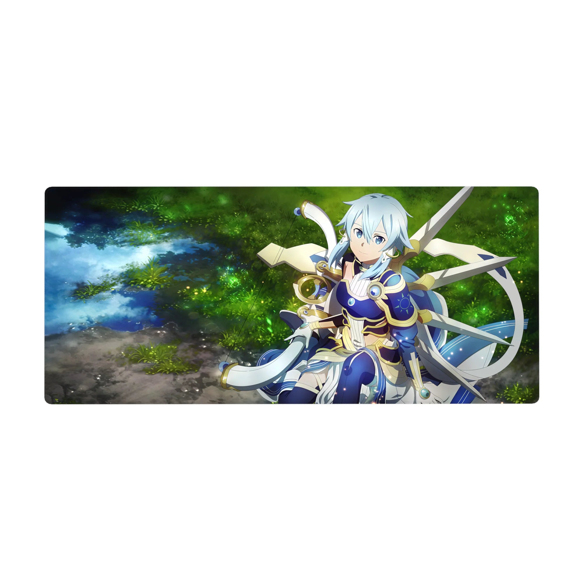 Anime mouse pad 36x16 inches featuring a calm archer in mystical armor by a shimmering forest spring, twilight blue theme.