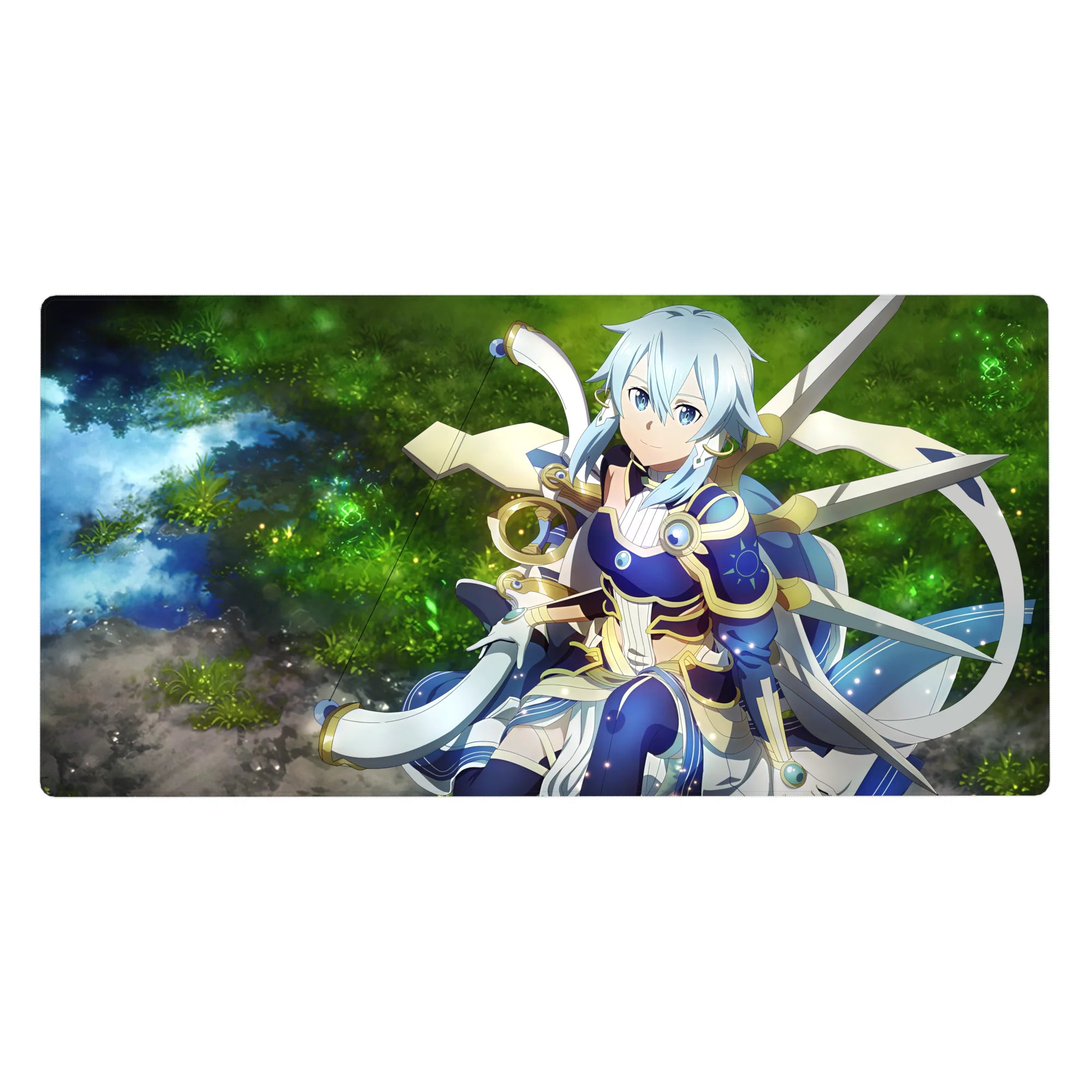 Anime desk pad 40x20 inches with twilight blue backdrop, golden trims, and archer in mystical armor by a forest spring.