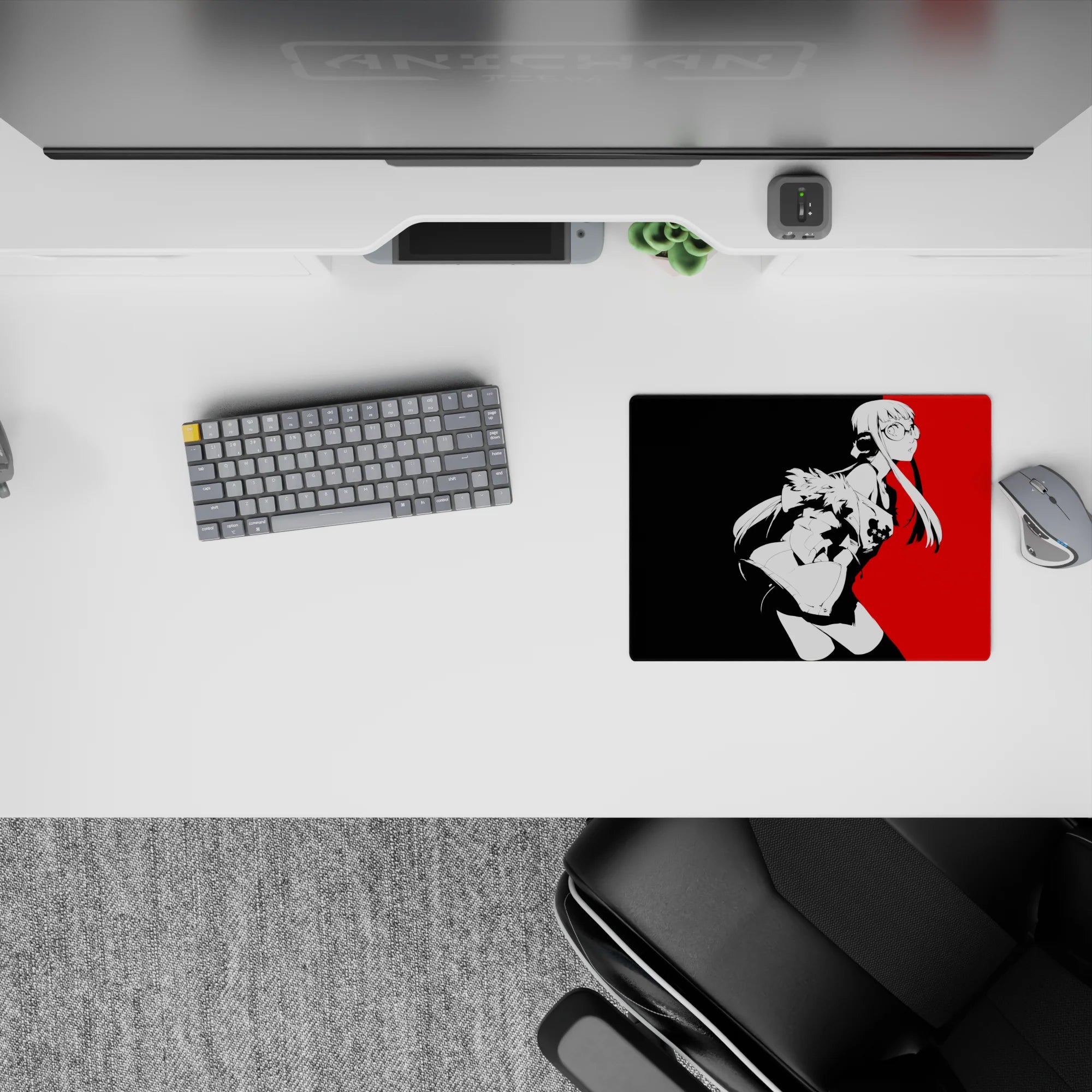 Futaba Sakura on 14x10 inches mouse pad, vivid red and black cyberpunk theme from Persona 5, perfect for anime fans.