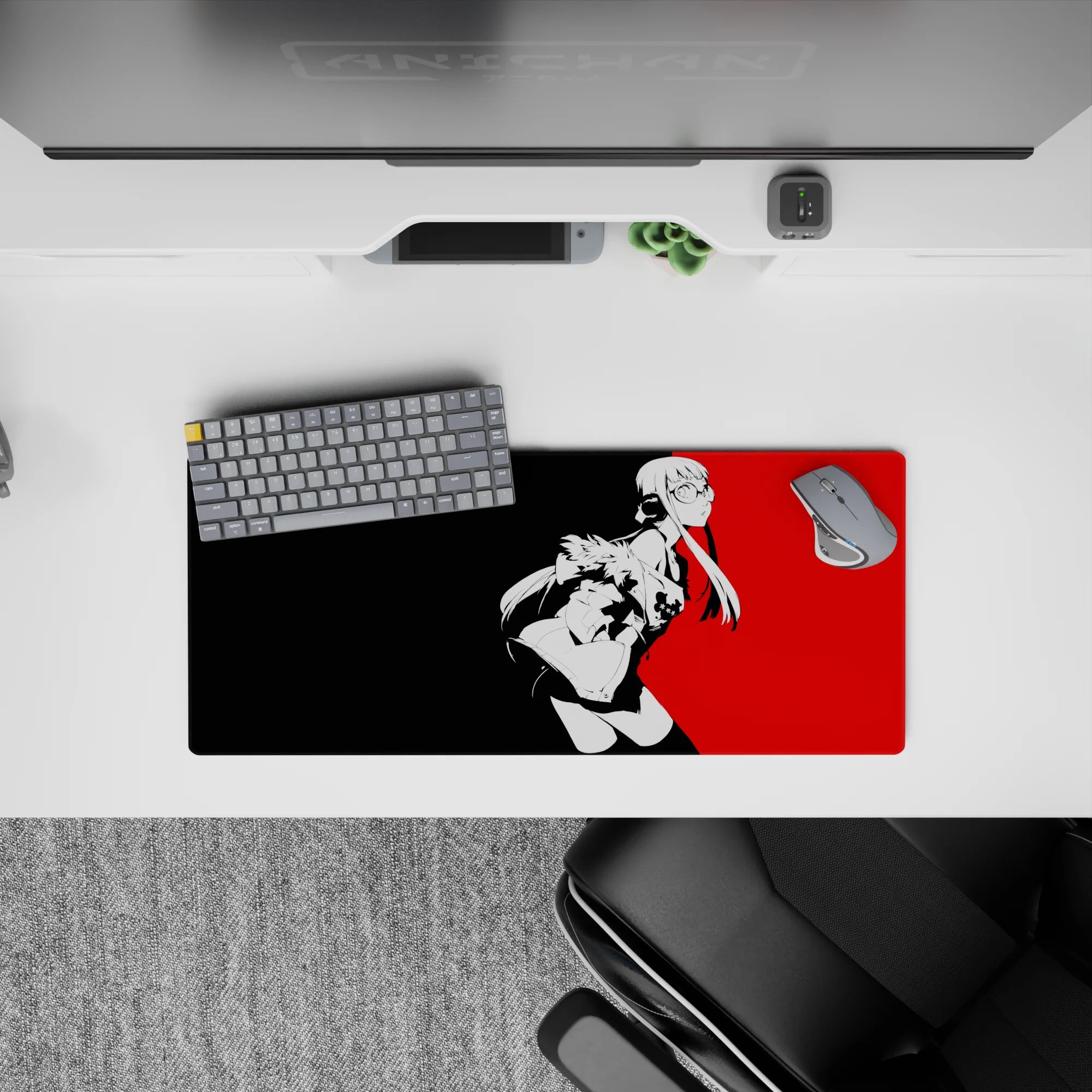 Futaba Sakura from Persona 5 on 28x12 inch mouse pad, red and black cyberpunk style, perfect for anime and tech fans.