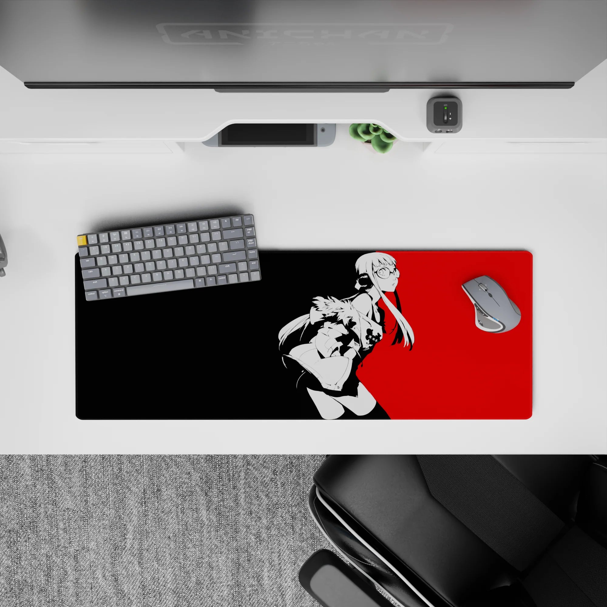Futaba Sakura from Persona 5 on a 32x12 inch anime mouse pad, featuring a striking red and black cyberpunk design.