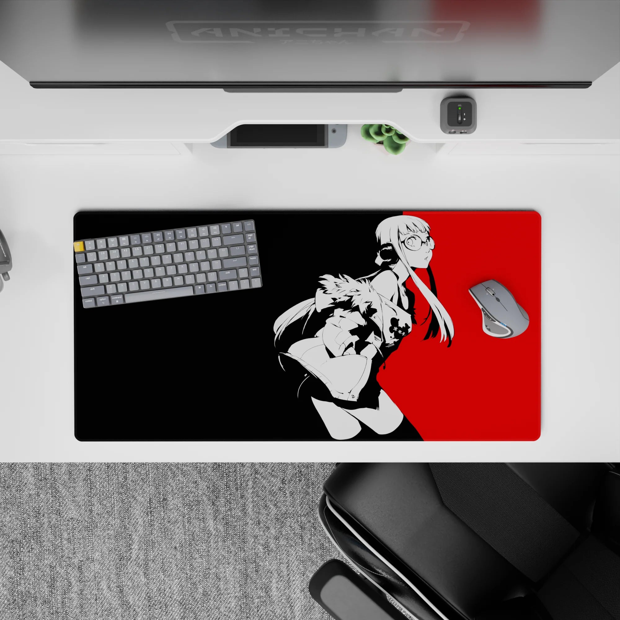 Futaba Sakura from Persona 5 on a 32x16 inch anime mouse pad, featuring a red and black cyberpunk design with edgy linework.