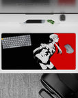 Futaba Sakura from Persona 5 on a 32x16 inch anime mouse pad, featuring a red and black cyberpunk design with edgy linework.