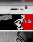 Futaba Sakura from Persona 5 on a 36x16 inch desk pad, red and black cyberpunk design, perfect for anime tech fans.