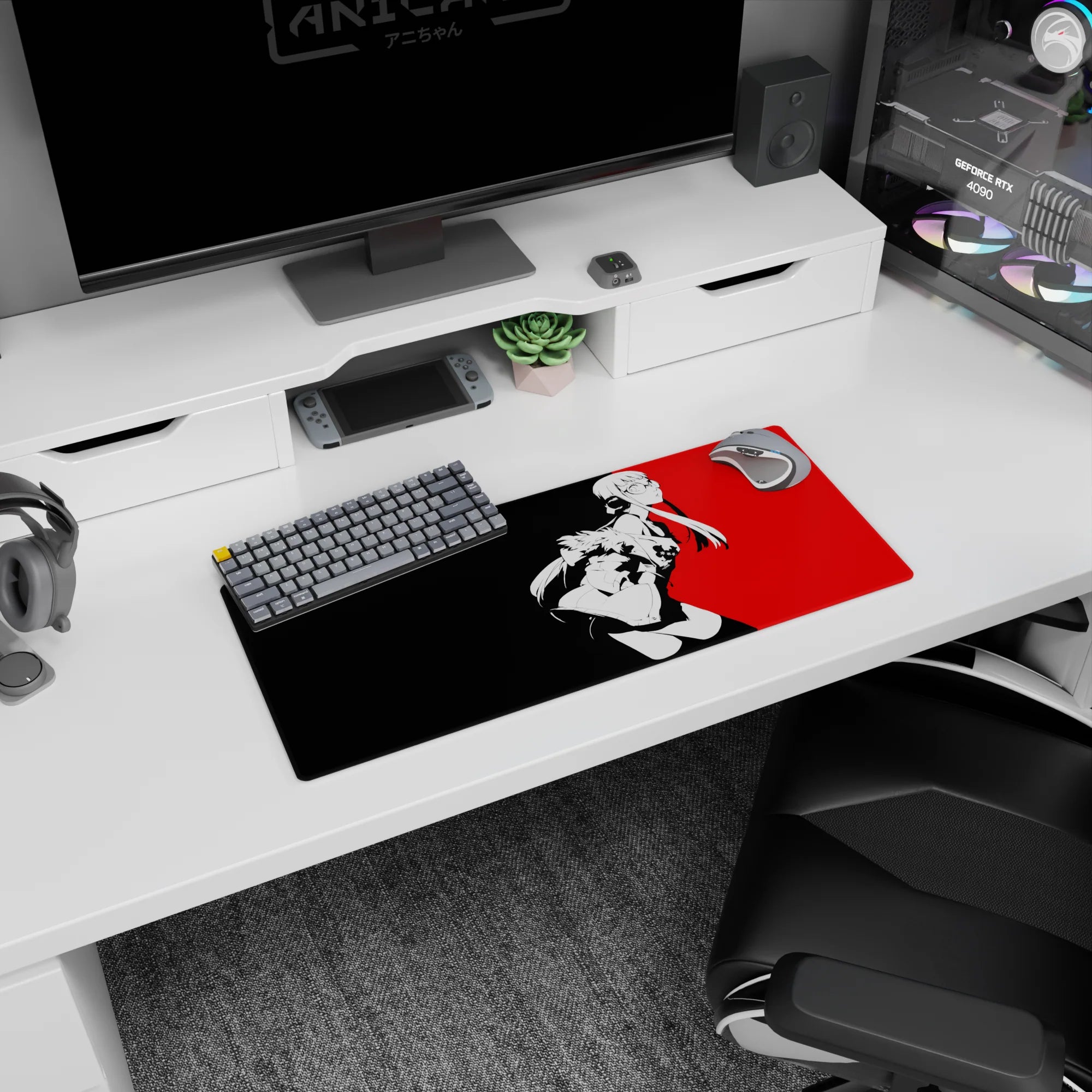 Futaba Sakura from Persona 5 on a 28x12 inch anime mouse pad, red and black cyberpunk design, perfect for fans.