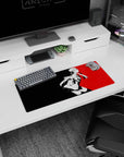 Futaba Sakura from Persona 5 on a 28x12 inch anime mouse pad, red and black cyberpunk design, perfect for fans.