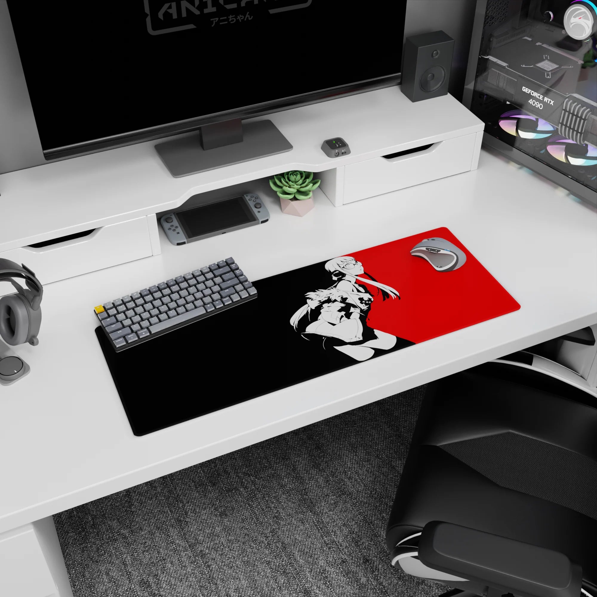 Futaba Sakura from Persona 5 on a 32x12 inch anime mouse pad, featuring red and black cyberpunk design and tech themes.