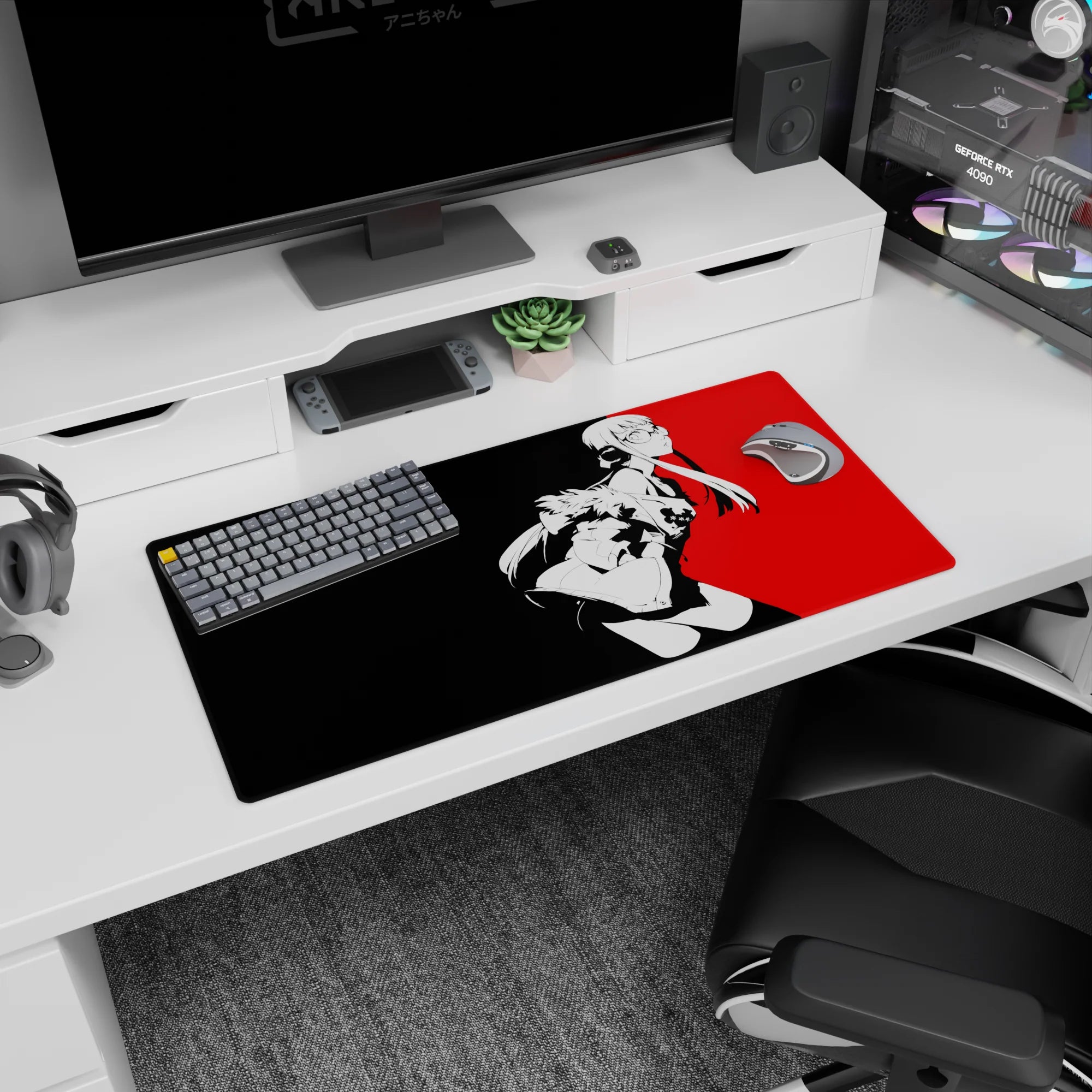 Futaba Sakura from Persona 5 on a 32x16 inch anime mouse pad, featuring red and black cyberpunk design and edgy jacket.