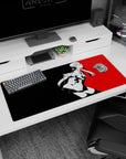 Futaba Sakura Persona 5 desk pad, 36x16 inches, anime style with red and black cyberpunk design, perfect for tech fans.