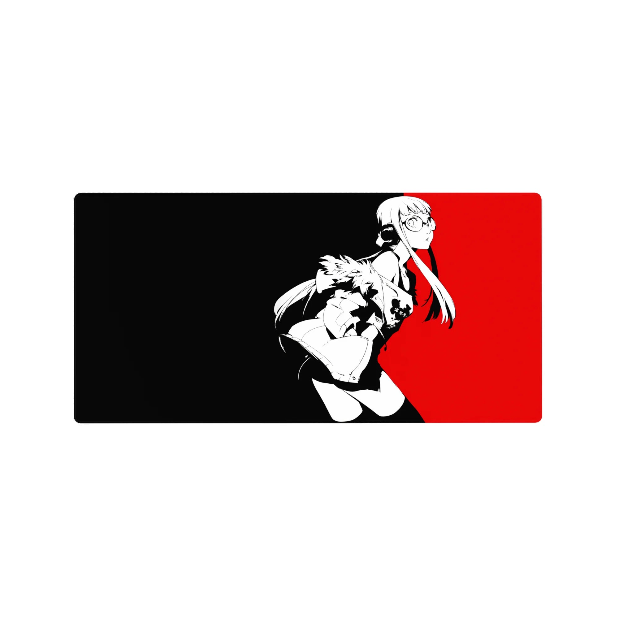 Futaba Sakura Persona 5 anime mouse pad, 32x16 inches, red and black cyberpunk design with monochrome linework and edgy vibe.