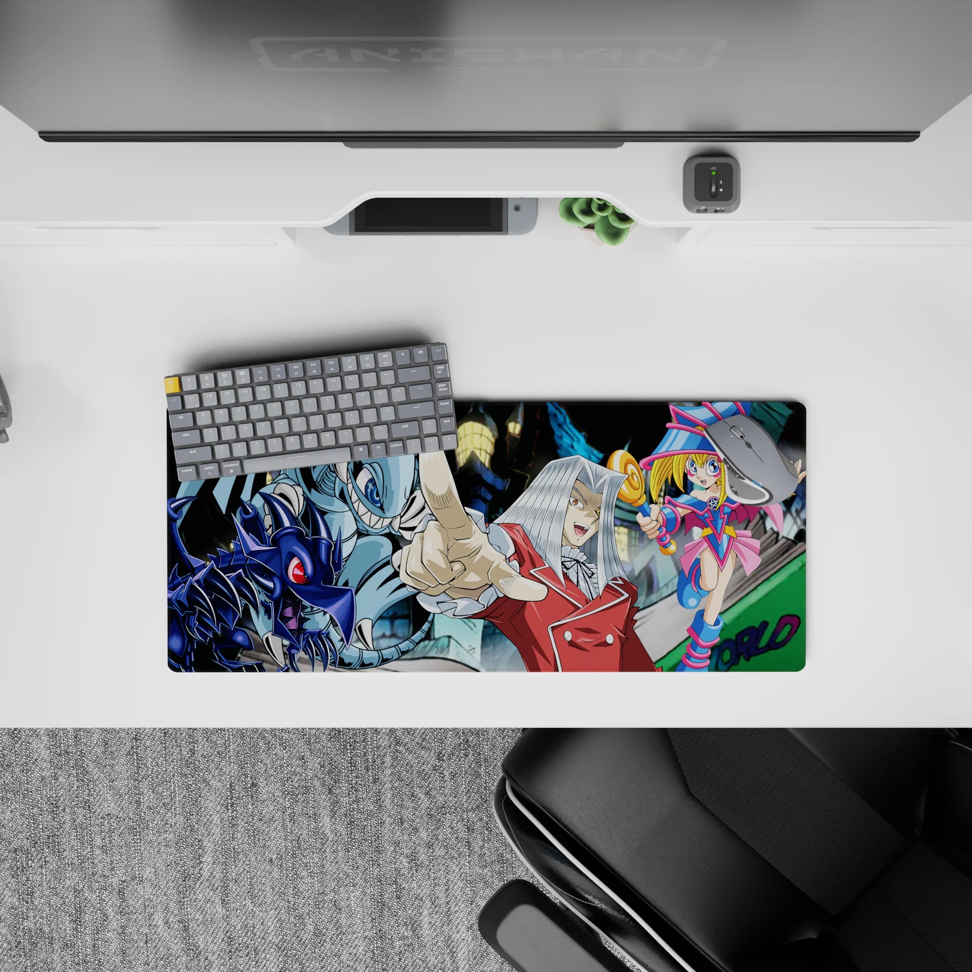 Neon city duel vibe mouse pad 28x12 inches in cool blues, hot magentas, and glossy black tones.