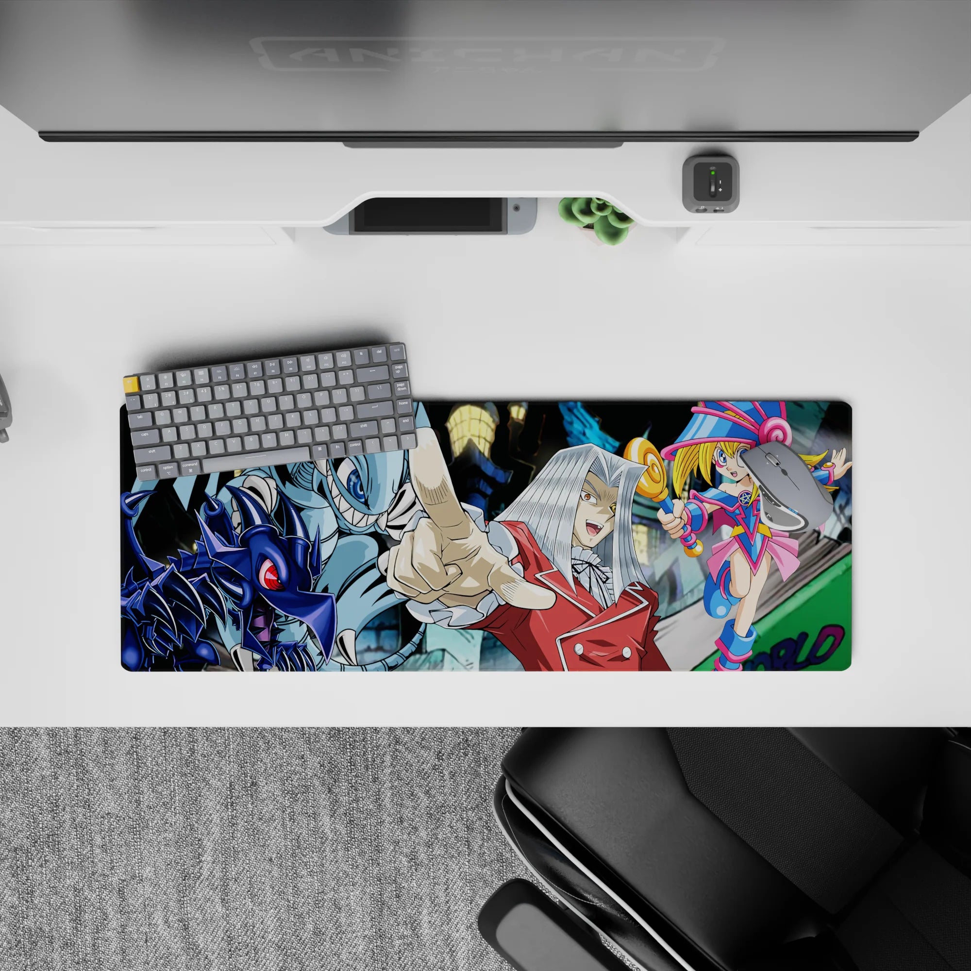 Neon city anime mouse pad 32x12 inches in cool blues, hot magentas, and glossy black highlights.