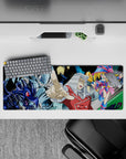 Neon city anime mouse pad 32x12 inches in cool blues, hot magentas, and glossy black highlights.