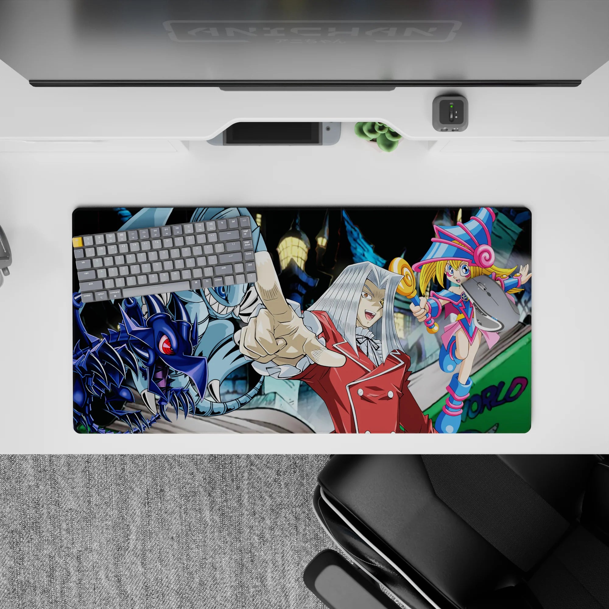 Neon cyber city anime mouse pad 32x16 inches in cool blues, hot magentas, and glossy blacks.