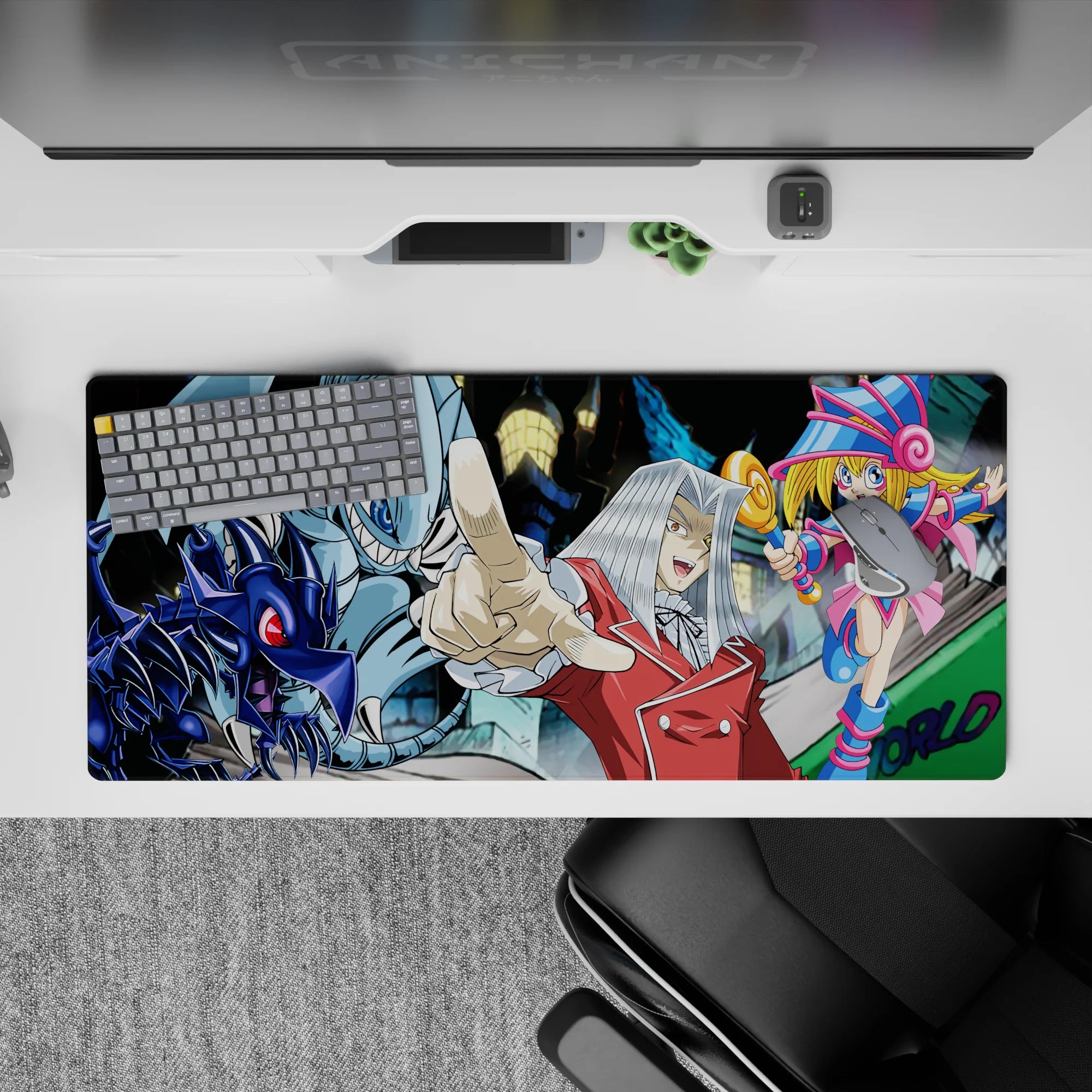 Neon city anime desk pad 36x16 inches in cool blues, hot magentas, glossy blacks, high-speed vibe.
