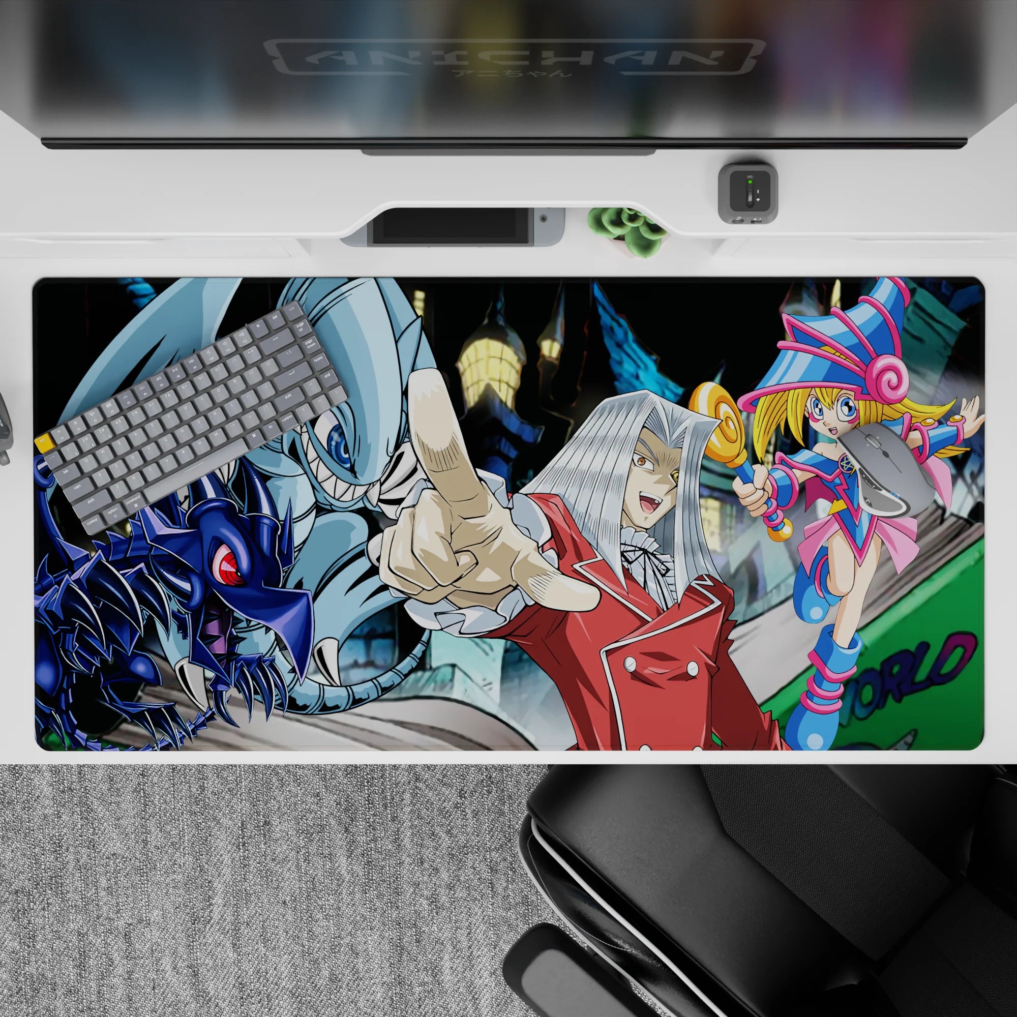 Neon city duel vibe desk pad 40x20 inches in cool blues, hot magentas, and glossy black highlights.