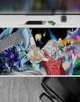 Neon city duel vibe desk pad 40x20 inches in cool blues, hot magentas, and glossy black highlights.