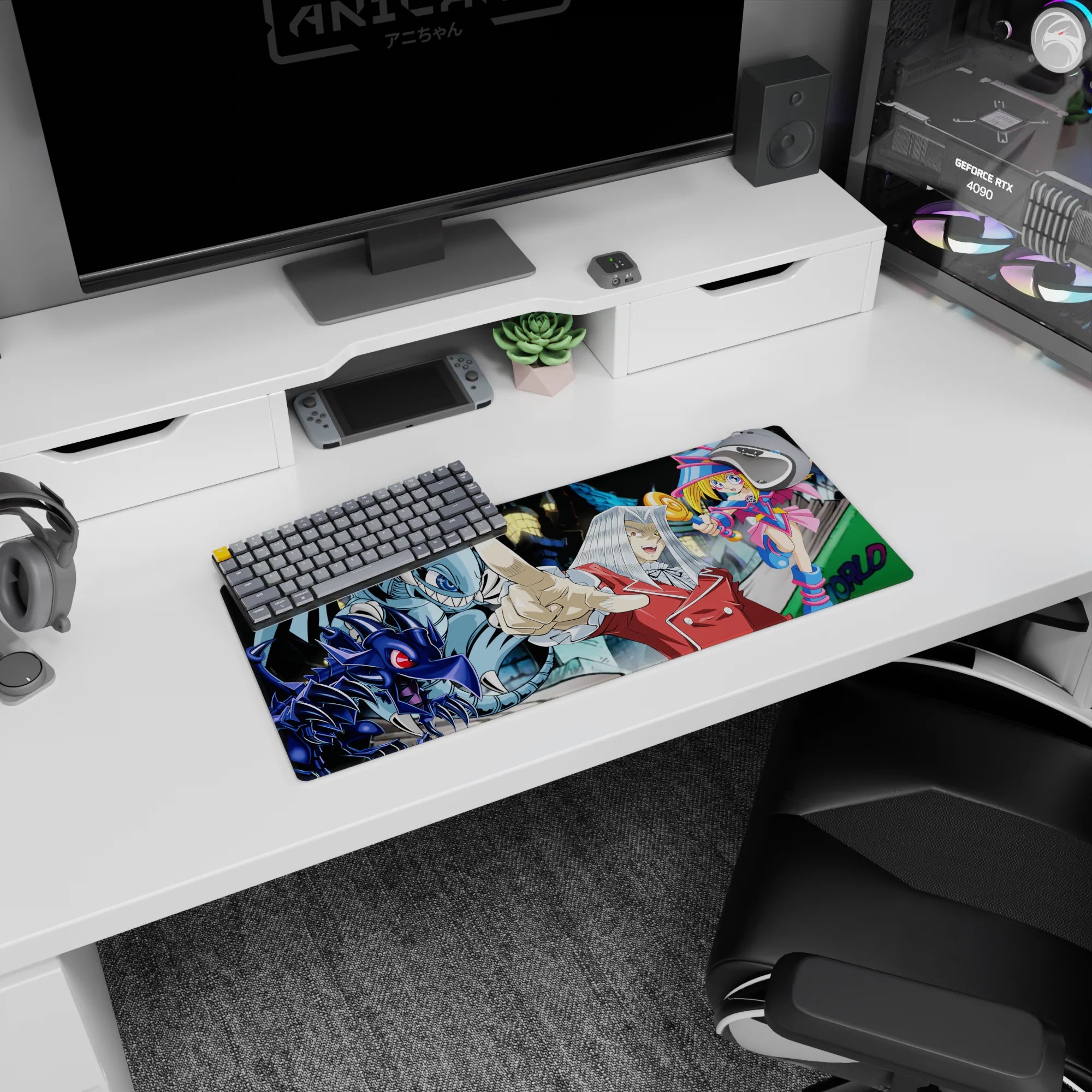 Maximillion Pegasus pointing with grin on anime mouse pad 28x12 inches, Dark Magician Girl joins.