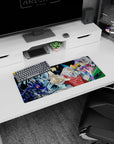 Maximillion Pegasus pointing with grin on anime mouse pad 28x12 inches, Dark Magician Girl joins.
