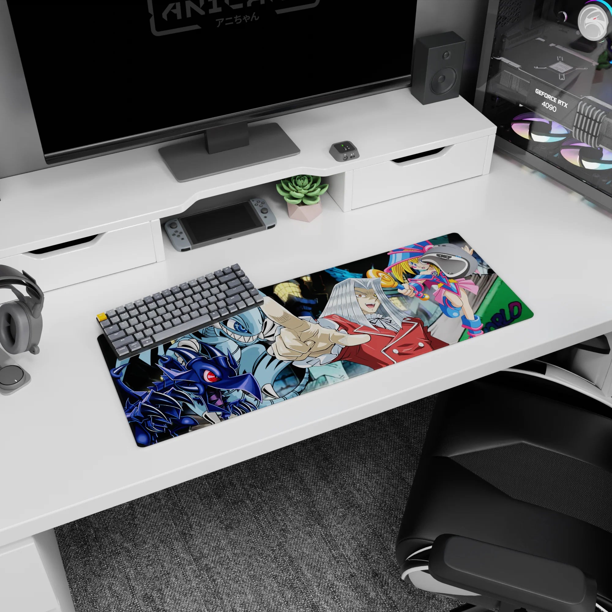 Maximillion Pegasus pointing in neon lights with Dark Magician Girl on anime mouse pad 32x12 inches.