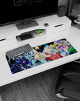 Maximillion Pegasus pointing in neon lights with Dark Magician Girl on anime mouse pad 32x12 inches.
