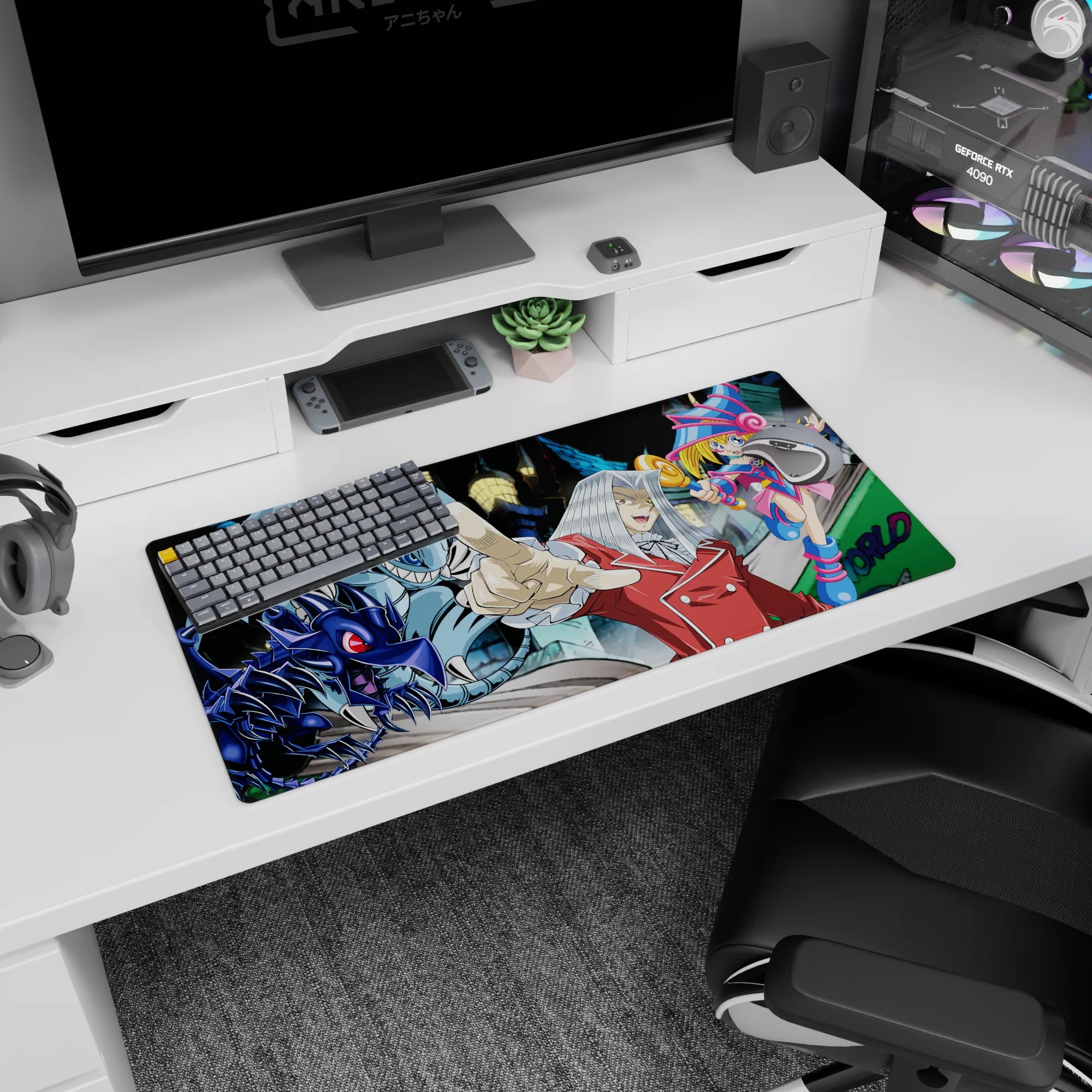 Maximillion Pegasus pointing with Dark Magician Girl on neon backdrop anime mouse pad 32x16 inches.